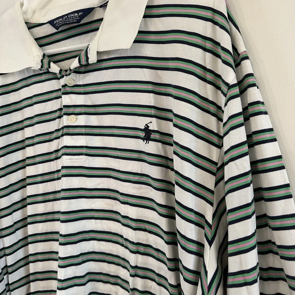 Polo Golf Ralph Lauren Polo Shirt XXL White Green Stripe Cotton Peru YGI‎ U3-53